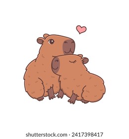 Cute hugging capybaras valentines. Funny rodent couple in love. Adorable sweet animals. Vector illustration cartoon style for holiday print isolated on white background. Valentine's Day card