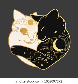 Cute hugging cats and ornament in oriental style  Vector illustration