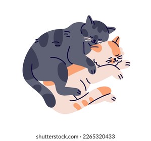 Cats hug. Valentine's day funny sleep cats in love. Japan cute couple.  Doodle animal vector. Vintage yin yang artwork. Kawaii silhouette. Happy  kitten hug icon. Mystic cat t-shirt art. Cartoon tattoo Stock