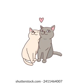 Cute hugging cats valentines. Funny kitties couple in love. Adorable sweet animals. Vector illustration cartoon style for holiday print isolated on white background. Valentine's Day card