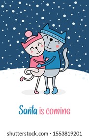 Cute hugging couple of cats in love standing in snow with snowflakes. Happy new year, Christmas and Valentine`s day flat vector illustration