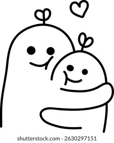 Cute Hugging Creatures with Sprout Heads and Heart - Minimal Line Art