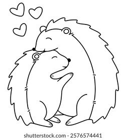 Cute hugging hedgehogs illustration coloring page for kids. Vector of hedgehogs couple drawing.