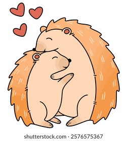 Cute hugging hedgehogs illustration. Vector of hedgehogs couple drawing.