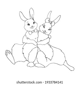 Cute hugging rabbits, hares. Symbol of love, romance. Contour illustration for Valentine's Day, Easter, coloring book, greeting card, web. Vector doodle hand drawn