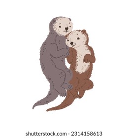 Cute hugging sea otters flat style, vector illustration isolated on white background. Furry smiling water animals with long tails together, decorative design element, wildlife