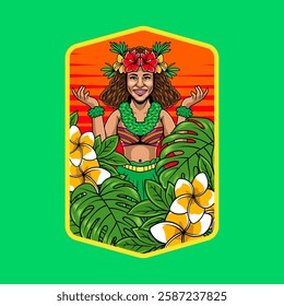 Cute Hula Girl Hawaiian Mascot Cartoon Character Illustration for sticker, badge, patch, banner, greeting card, invitation