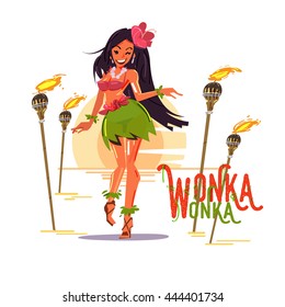 cute hula girl in hibiscus necklace with lighting pole. Hawaii concept. character design - vector illustration
