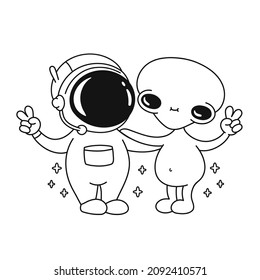 Cute human astronaut and alien show peace gesture page for coloring book. Vector doodle line cartoon kawaii character illustration. Astronaut,alien page for coloring book cartoon mascot concept