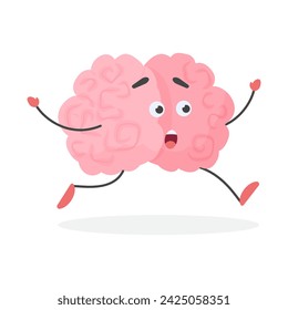 Cute human brain character running, funny mascot in shock from surprise vector illustration