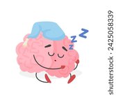 Cute human brain character sleeping, rest of tired sleepy emoticon vector illustration