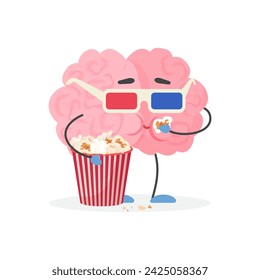 Cute human brain character wearing 3D glasses eating popcorn in cinema vector illustration