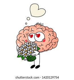 Cute human brain fall in love, with 
bouquet of flowers on white background.