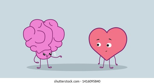 cute human brain and heart couple standing together logic and feel concept pink cartoon characters kawaii style horizontal