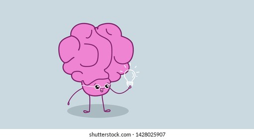cute human brain holding light lamp creative idea creativity imagination concept pink cartoon character kawaii style horizontal