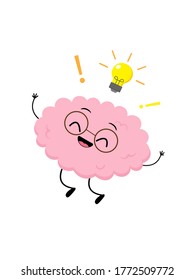 Cute human brain jump. Happy brain in glasses with lightbulb. Cartoon organ character vector illustration. Creative idea, inspiration, knowledge, learning