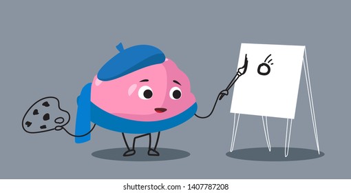 cute human brain organ pink cartoon character painting on easel art creativity concept kawaii style horizontal