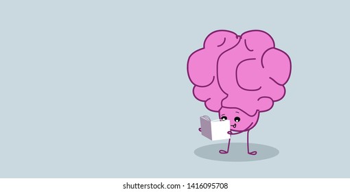 cute human brain organ reading book education concept kawaii style pink cartoon character horizontal sketch