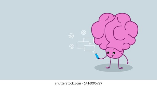 cute human brain organ using smartphone mobile app chat bubble online communication social median network concept kawaii style pink cartoon character sketch horizontal