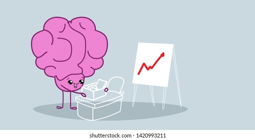 cute human brain sitting at workplace analyzing financial graph on flip chart brainstorming concept pink cartoon character kawaii style horizontal hand drawn