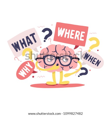 Cute human brain with smart thoughtful face and glasses surrounded by questions and interrogation points. Cute cartoon character isolated on white background, Flat colorful vector illustration