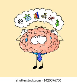 Cute human brain in tie, tired at office work. Get rest for your brain.