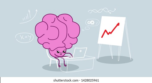 cute human brain using laptop analyzing financial graph on flip chart brainstorming concept pink cartoon character kawaii style horizontal