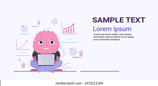 cute human brain using laptop analyzing financial graph brainstorming concept pink cartoon character kawaii style horizontal copy space