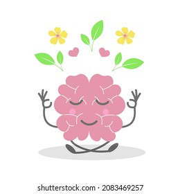 Cute human brain in yoga pose with leaves, heart and flowers, funny character. Mental health concept, flat vector illustration