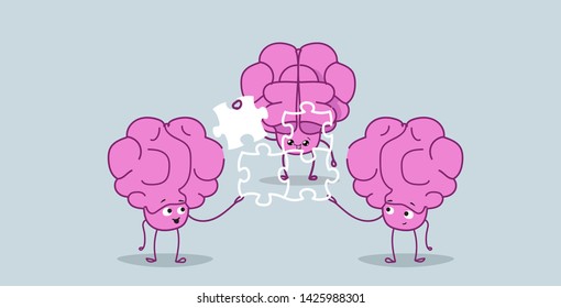 cute human brains putting parts of puzzle together pink cartoon characters brainstorming process successful teamwork strategy concept kawaii sketch style horizontal