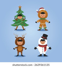 cute human cartoon characters wearing deer, ginger beard, snowman and tree outfits by tulangbercabang studio