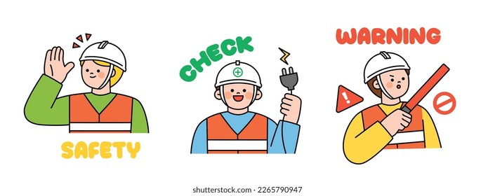 Cute human character explaining construction site safety rules. Safety, checklist, danger warning.