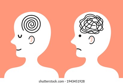 Cute human character with tangle of messy thoughts and clear mind in head,mindfulness.Vector cartoon character illustration icon.Bad vs good mood,depression,memory mental health character icon concept