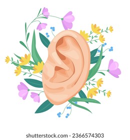 Oso humano lindo con ramas de flores de jardín y plantas de ilustración vectorial. Caricatura órgano sensorial aislado para escuchar con decoración floral de verano, atención de la salud auditiva y sensibilización, percepción sonora