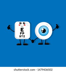 Cute human eyeball organ and table for testing visual acuity with giving thumb Up. funny friends character concept. illustration for kids.cartoon style