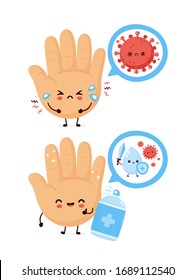 Cute human hand disinfect antiseptic spray bottle. Vector cartoon character illustration icon design.Isolated on white background