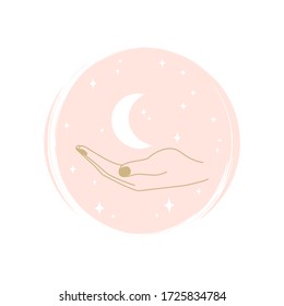 Cute human hand with moon and stars logo vector illustration on circle with brush texture for social media story highlight