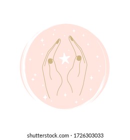 Cute human hands with stars logo vector illustration on circle with brush texture for social media story highlight