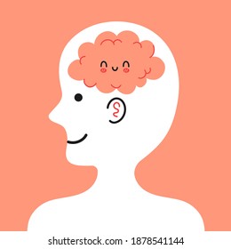 Cute human head in profile with happy brain inside. Good mood, mental, emotional condition concept. Vector cartoon character illustration icon