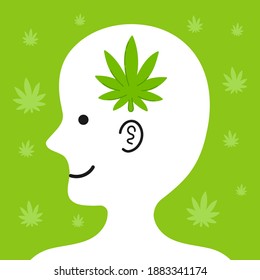 Rutschen Sie den menschlichen Kopf in Profil mit Marihuana Blatt drinnen. Vektorgrafik-Zeichentricksymbol Marihuana-Medizin, Unkrautkonzept
