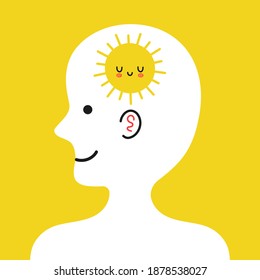 Cute human head in profile with sun inside. Good healthy mental, emotional condition concept. Vector cartoon character illustration icon