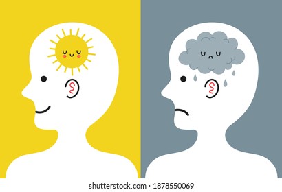 Cute human head in profile with sun and rain cloud inside. Good and bad mood, mental, emotional condition concept. Vector cartoon character illustration icon