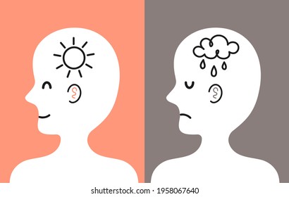 Cute human head in profile with sun and rain cloud inside. Good and bad mood, mental, emotional condition concept. Vector cartoon character illustration icon. Bipolar disorder, depression concept
