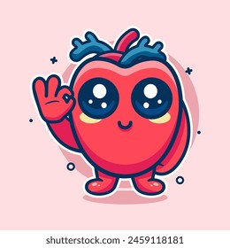 cute human heart organ character mascot with ok sign hand gesture isolated cartoon