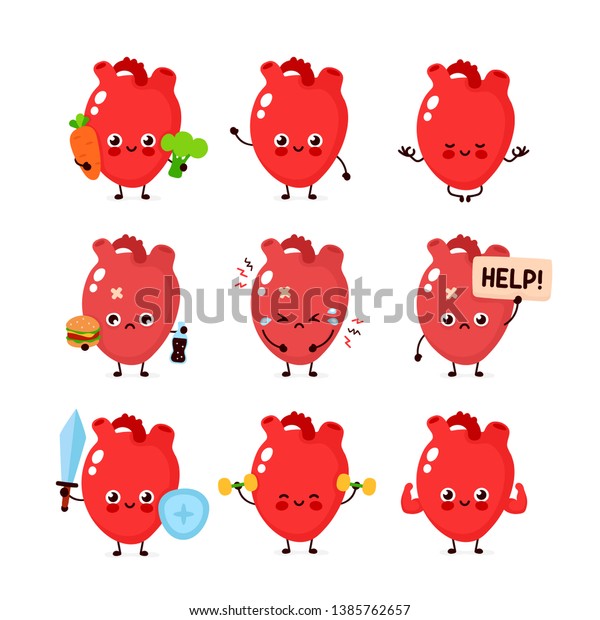 可愛い人間の心臓器セット 健康で不健康な人間の臓器 ベクターモダンスタイルの漫画のキャラクタイラストアイコンデザイン 悪い習慣 栄養 心臓保護のコンセプト のベクター画像素材 ロイヤリティフリー