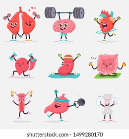 Cute human internal organ doing yoga and fitness exercises. Vector cartoon characters set isolated on background.