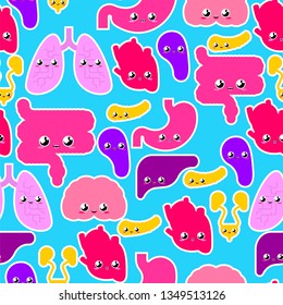 Cute Human Internal organs pattern seamless. Anatomy background cartoon style. Systems of man body and organs ornament. medical systems texture kids character. Childrens style