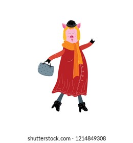 Cute human like pig character: woman in red coat with bag. Christmas and New year symbol in 2019. Winter vector design.