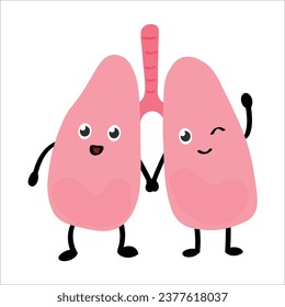 Cute human lungs holding hands on white background