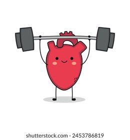 Cute human organ heart cartoon character lifting weight doodle
